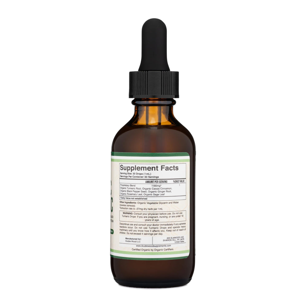 Back label of Double Wood Turmeric Drops bottle