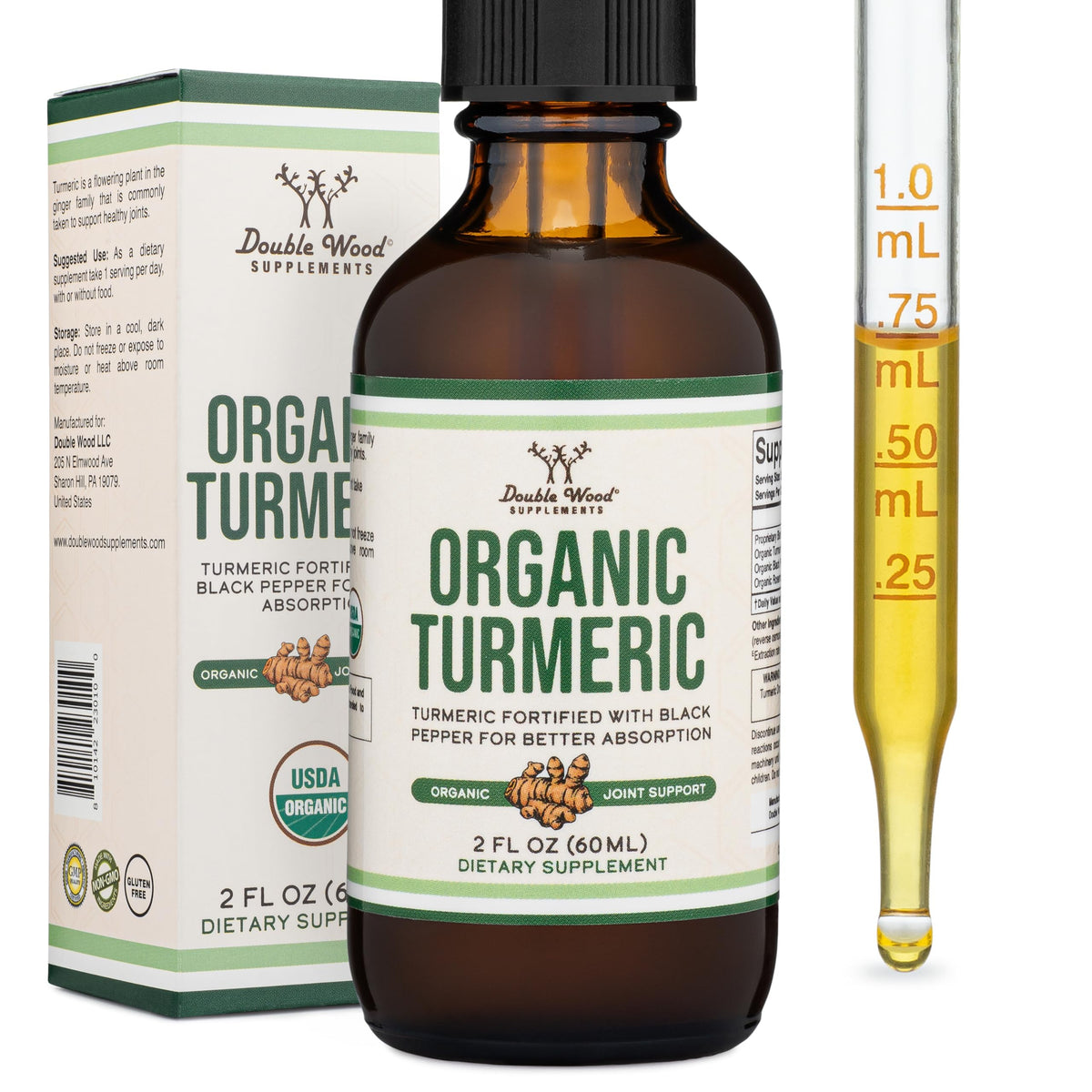 Front view of Double Wood Turmeric Drops bottle (2 oz)