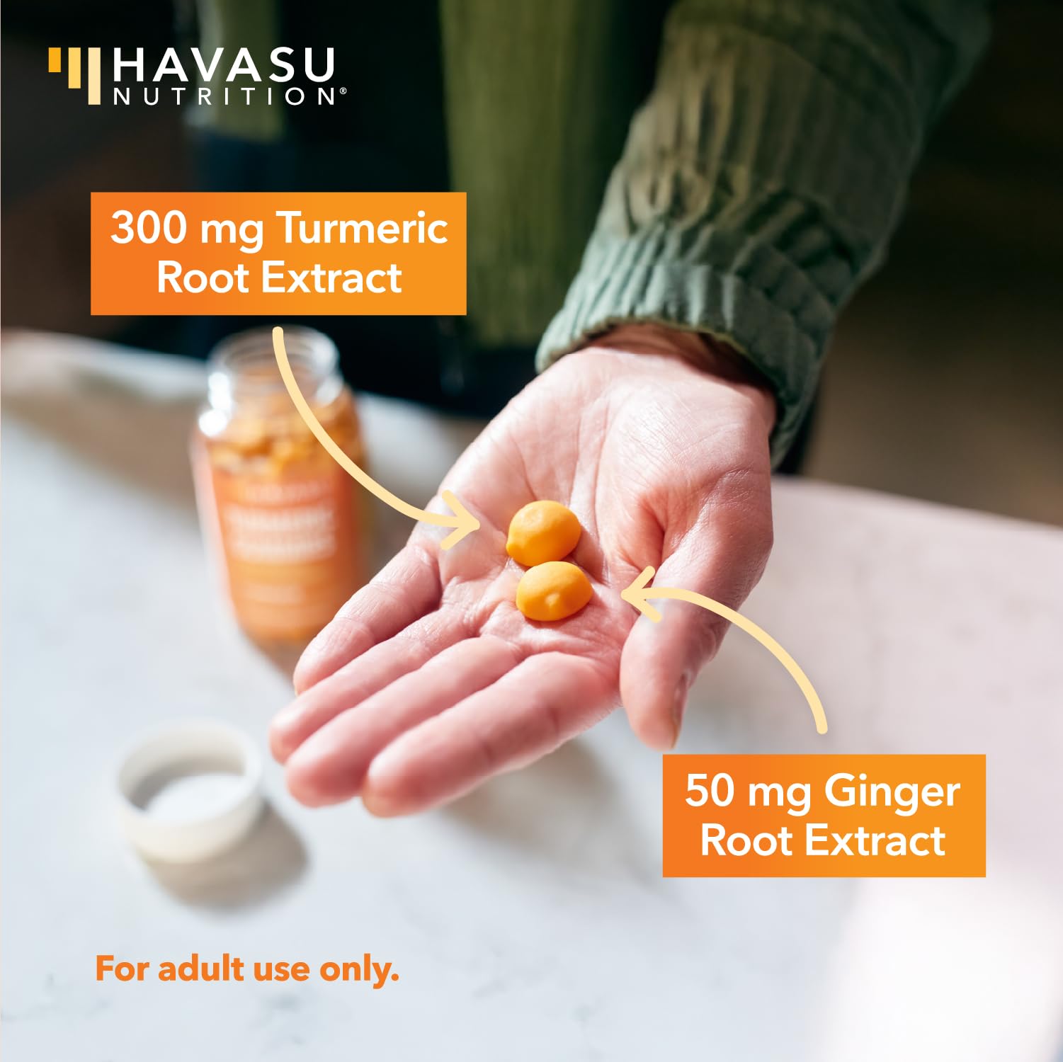 Gummies with turmeric and ginger near fresh ginger root