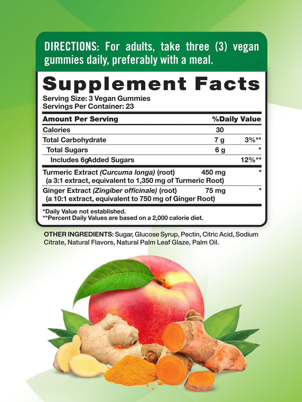Back label of Nature's Truth Turmeric & Ginger Gummies bottle showing supplement facts