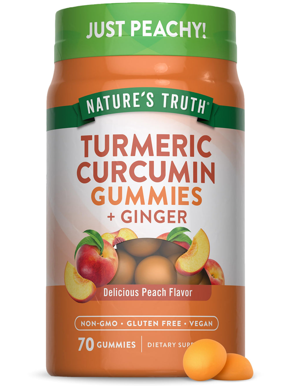Bottle front view of Nature's Truth Turmeric & Ginger Gummies Peach flavor