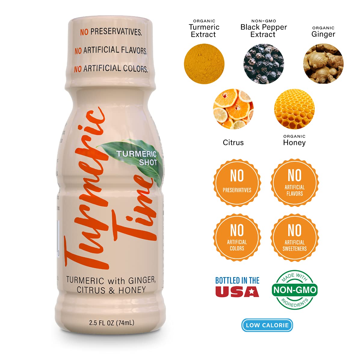 Two Turmeric Time Shots bottles on a wooden surface