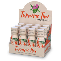 Turmeric Time Turmeric Shots bottle with ginger, lemon, and honey for daily vitality.