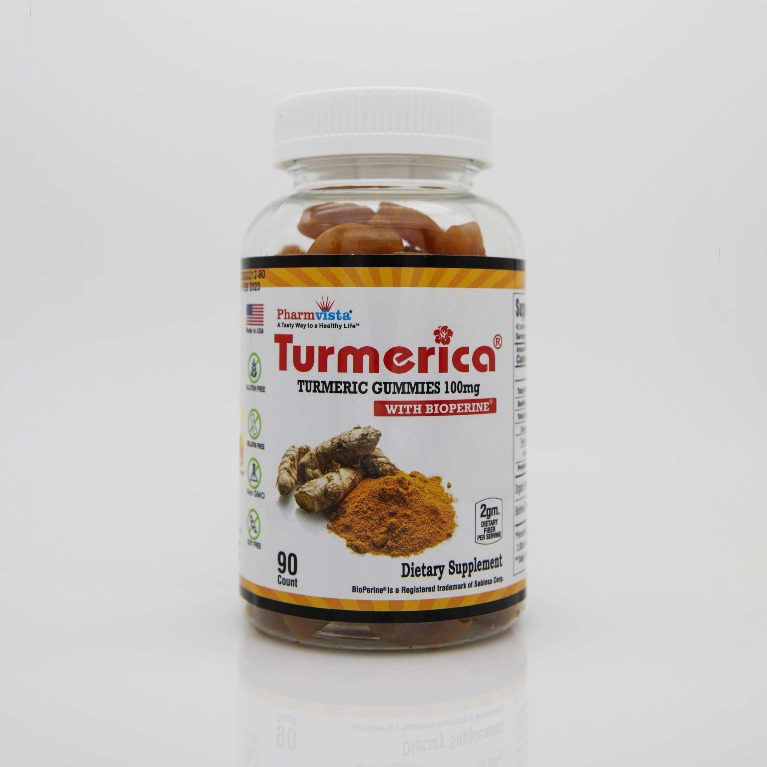 Front view of Turmerica Turmeric Curcumin Gummies 100mg with Bioperine bottle (90 count)