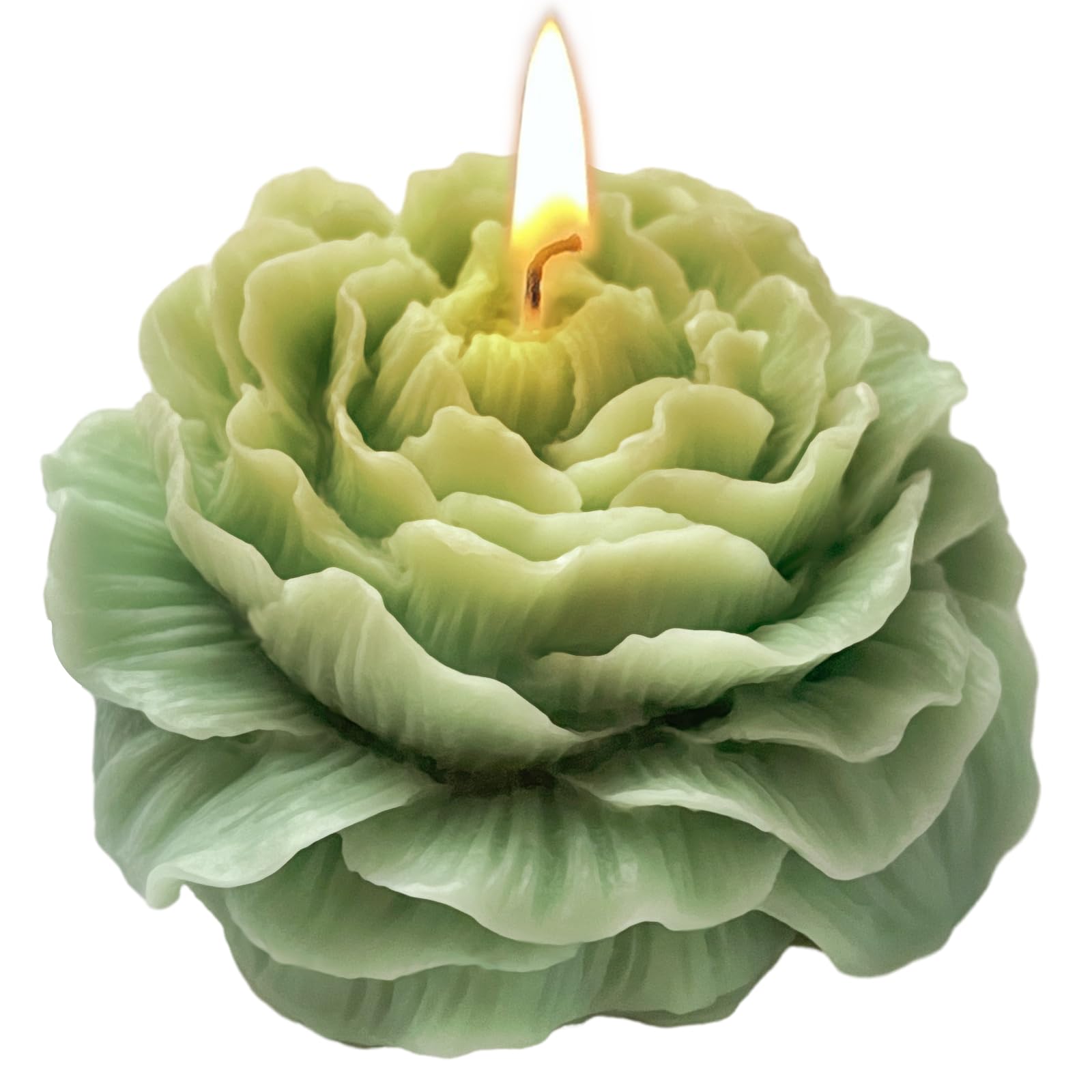 Turquoise green peony-shaped scented candle, front view