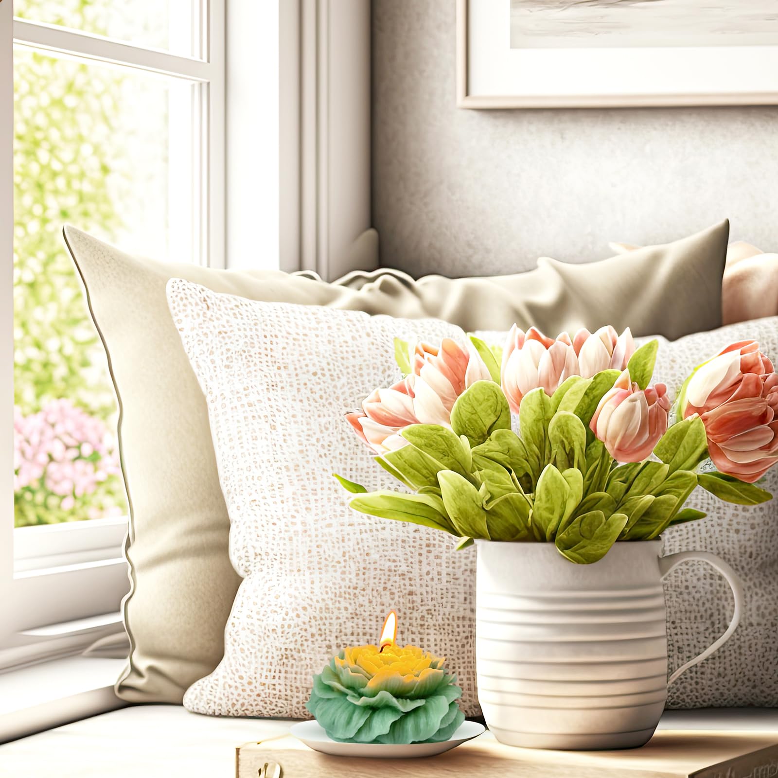 Gift-ready turquoise green peony scented candle on display