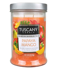 Tuscany Candle Papaya Mango jar closeup orange wax enhances tropical ambiance