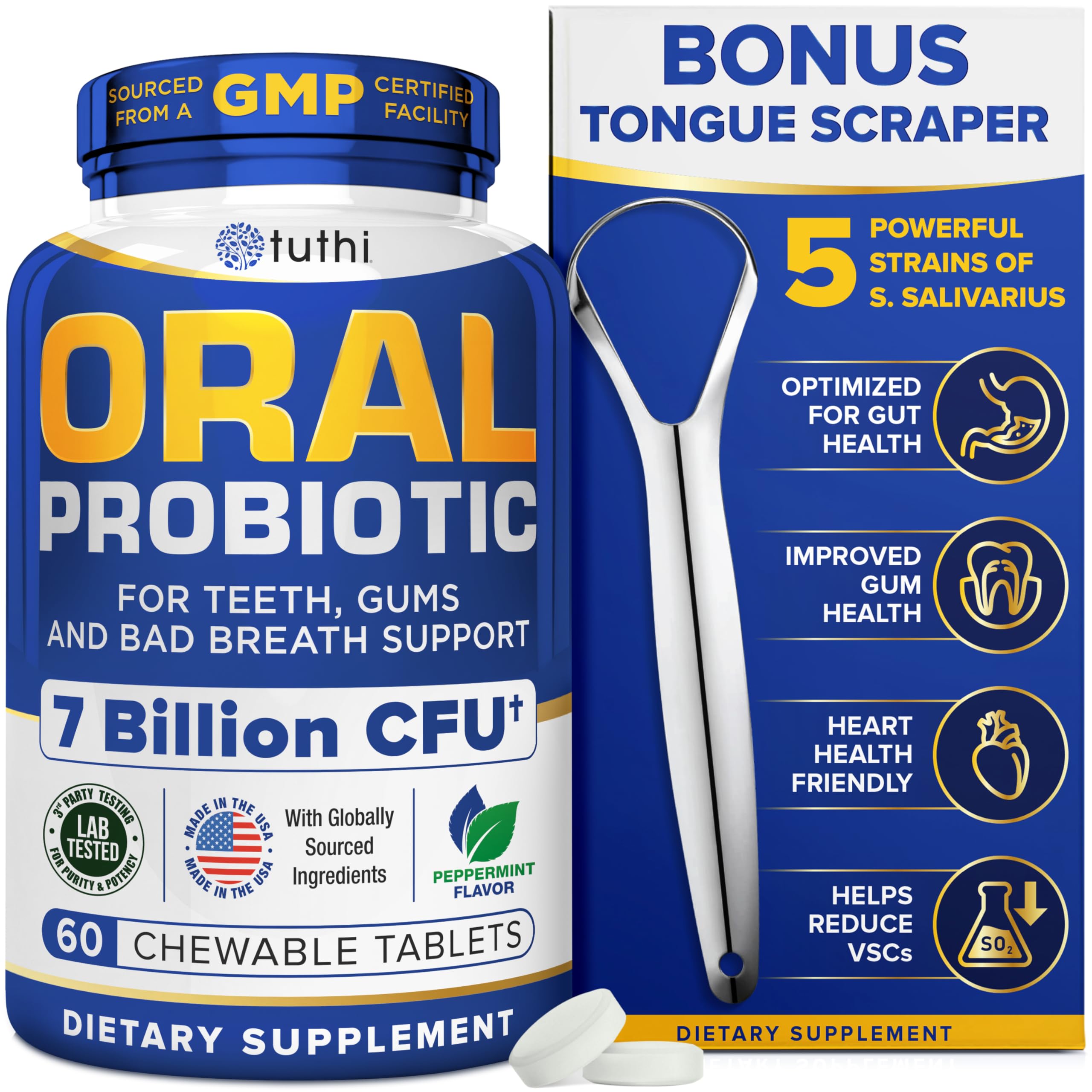 Tuthi probiotics bottle with tongue scraper packaging