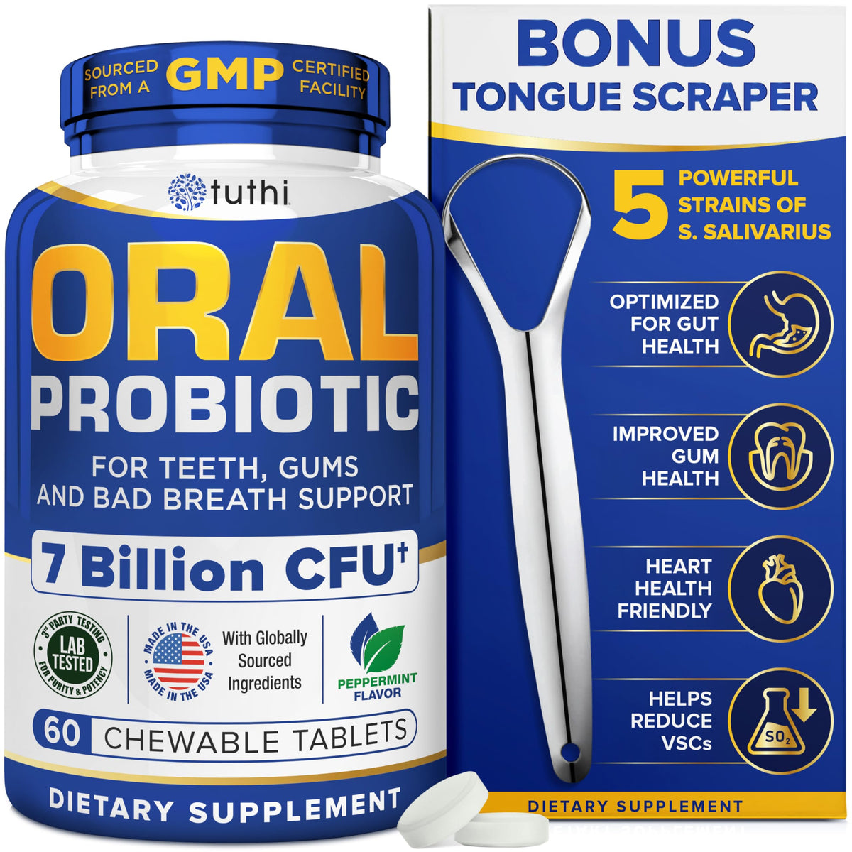 Tuthi probiotics bottle with tongue scraper packaging
