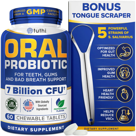 Tuthi probiotics bottle with tongue scraper packaging