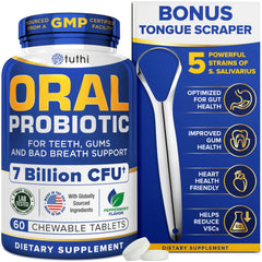 Tuthi probiotics bottle with tongue scraper packaging