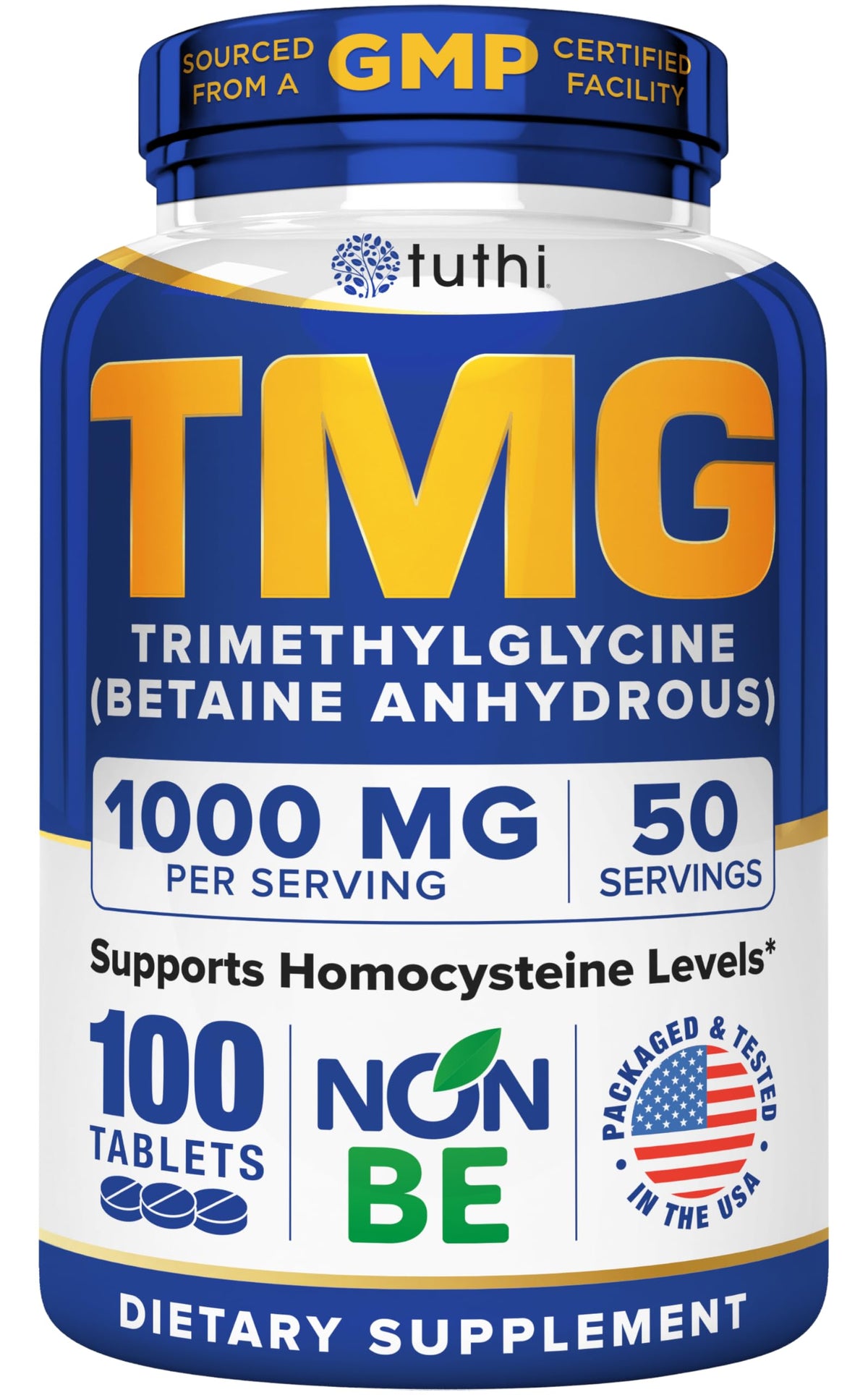 Front view of Tuthi TMG Supplement bottle labeled 1000mg trimethylglycine
