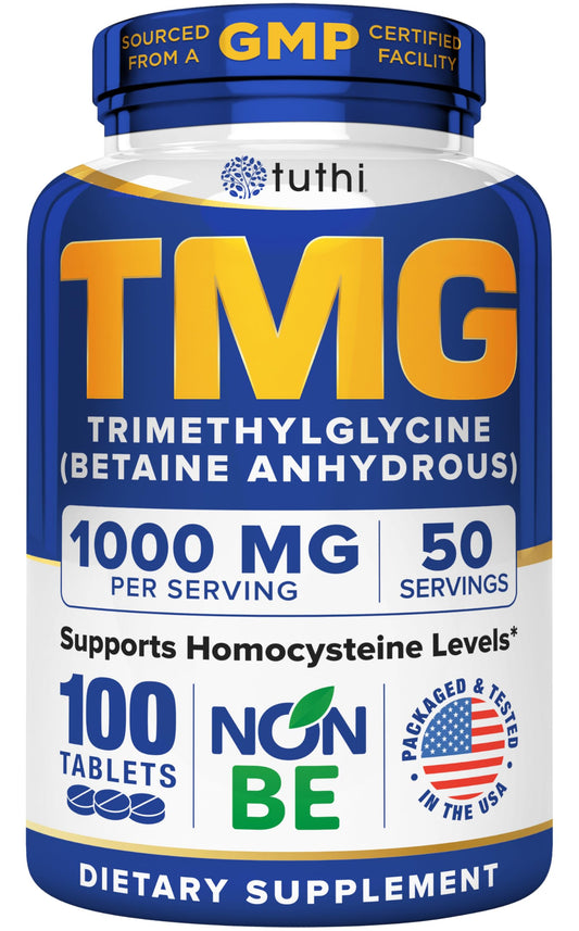 Front view of Tuthi TMG Supplement bottle labeled 1000mg trimethylglycine