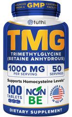 Front view of Tuthi TMG Supplement bottle labeled 1000mg trimethylglycine