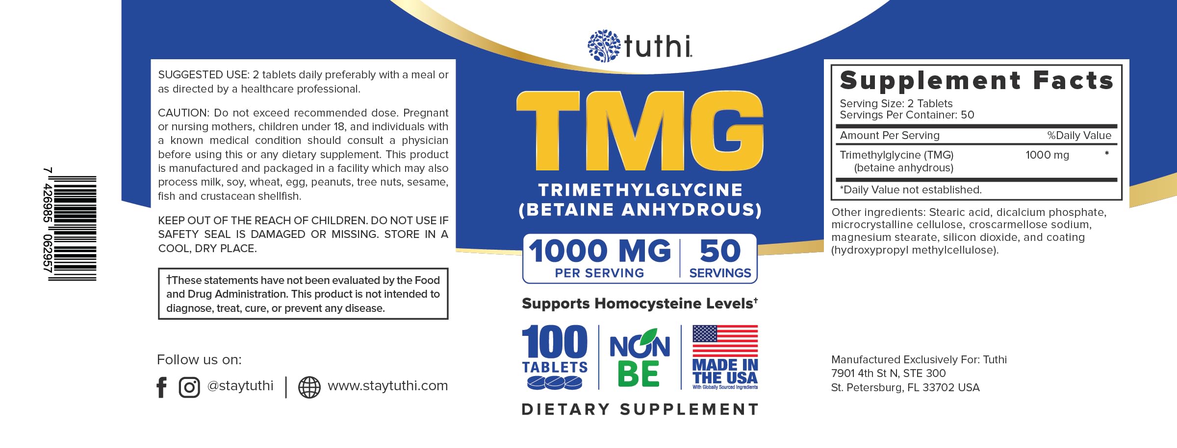 Made in USA imprint on packaging of Tuthi TMG Supplement