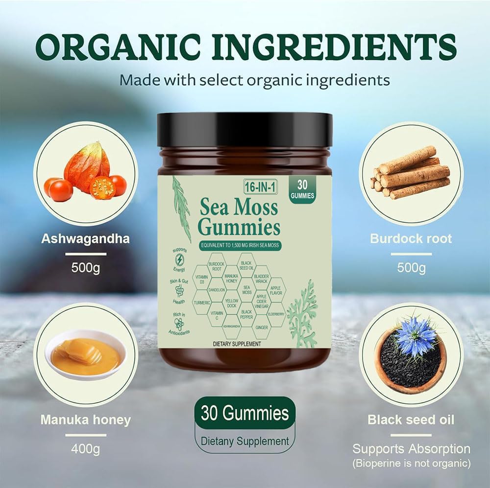 tuyapio Sea Moss Gummies 16 in 1 backside packaging