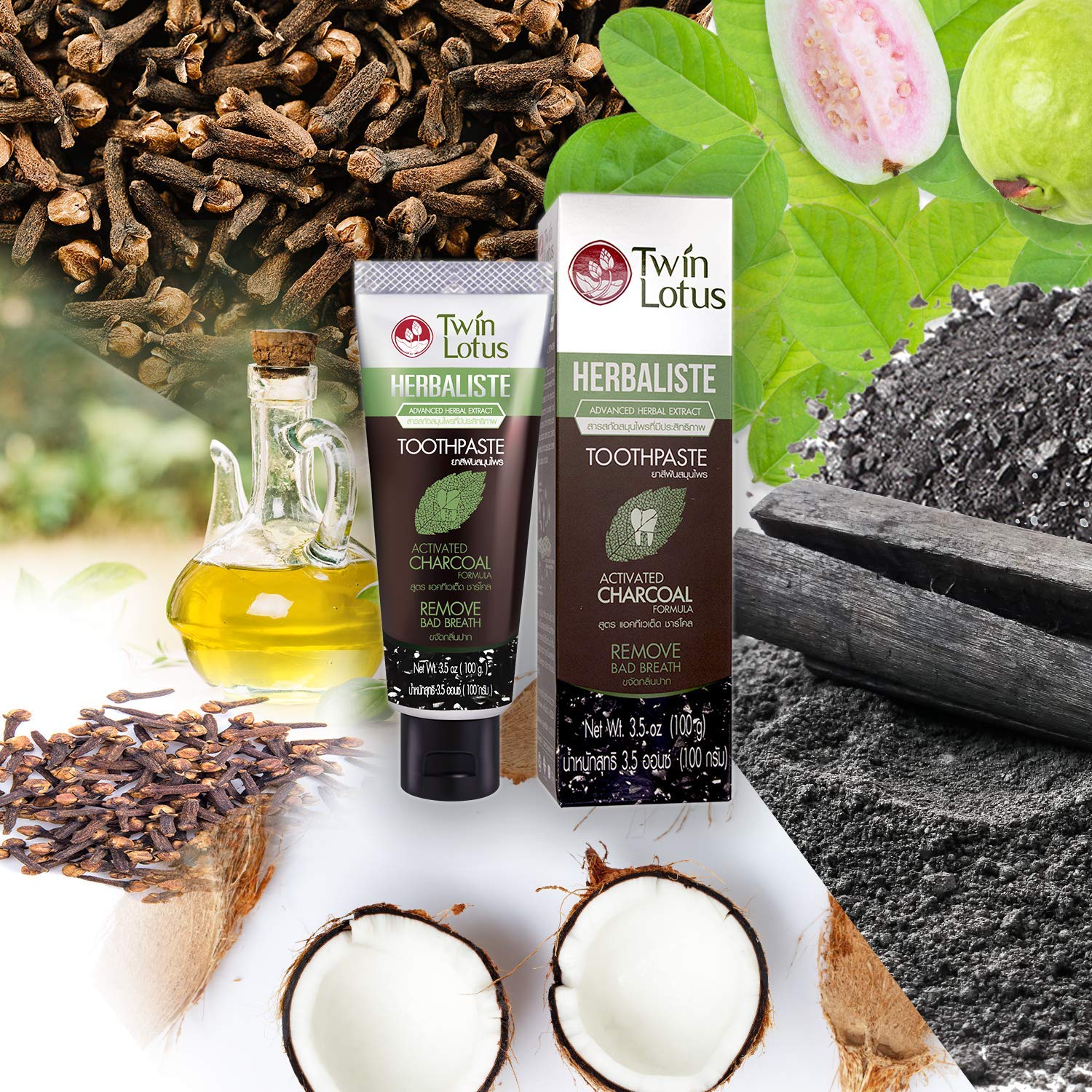 Product close-up showing natural herbal charcoal toothpaste
