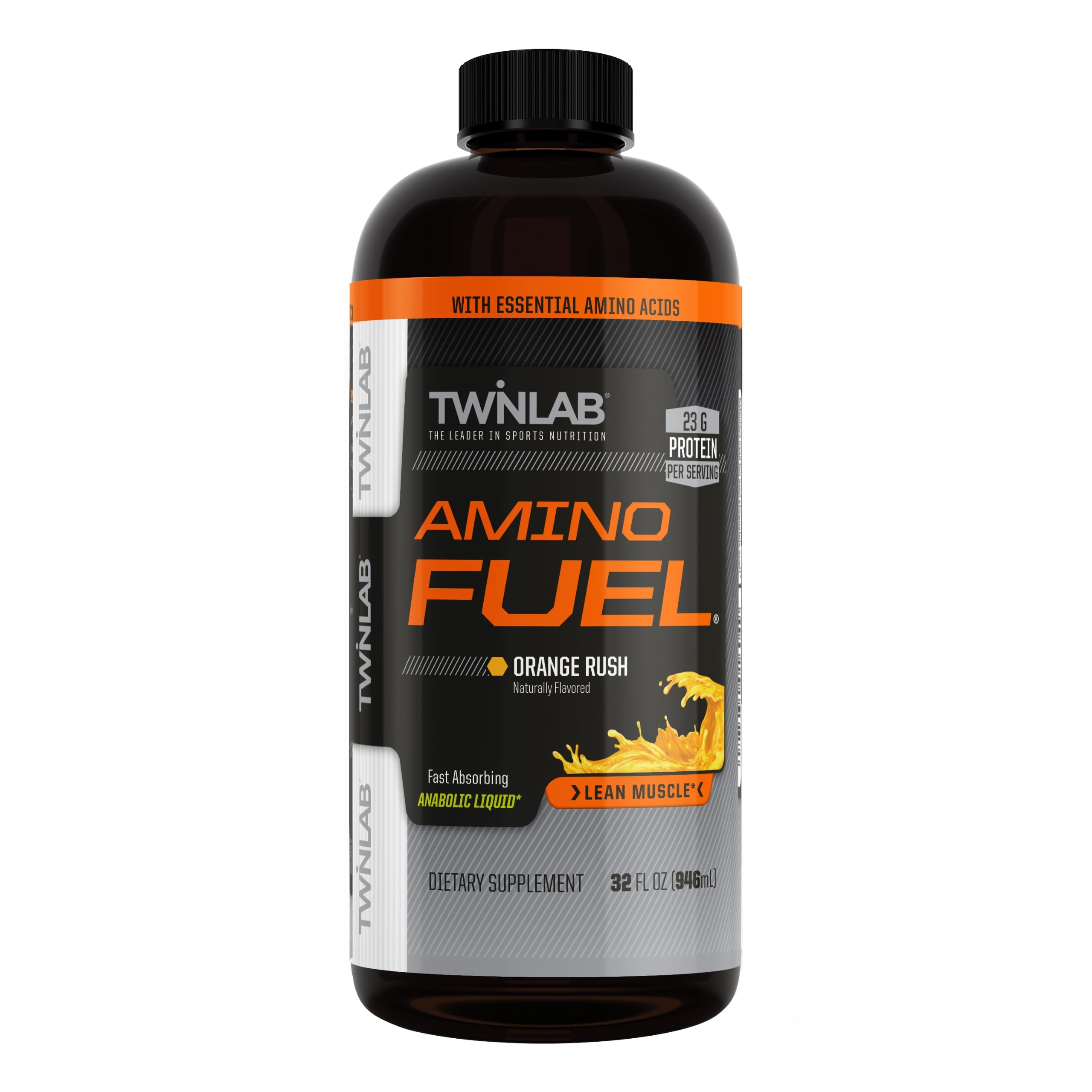 Twinlab Amino Fuel bottle front view highlighting Orange Rush flavor for pre-workout energy.