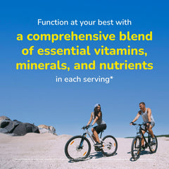 Bottle surrounded by vitamins and minerals imagery