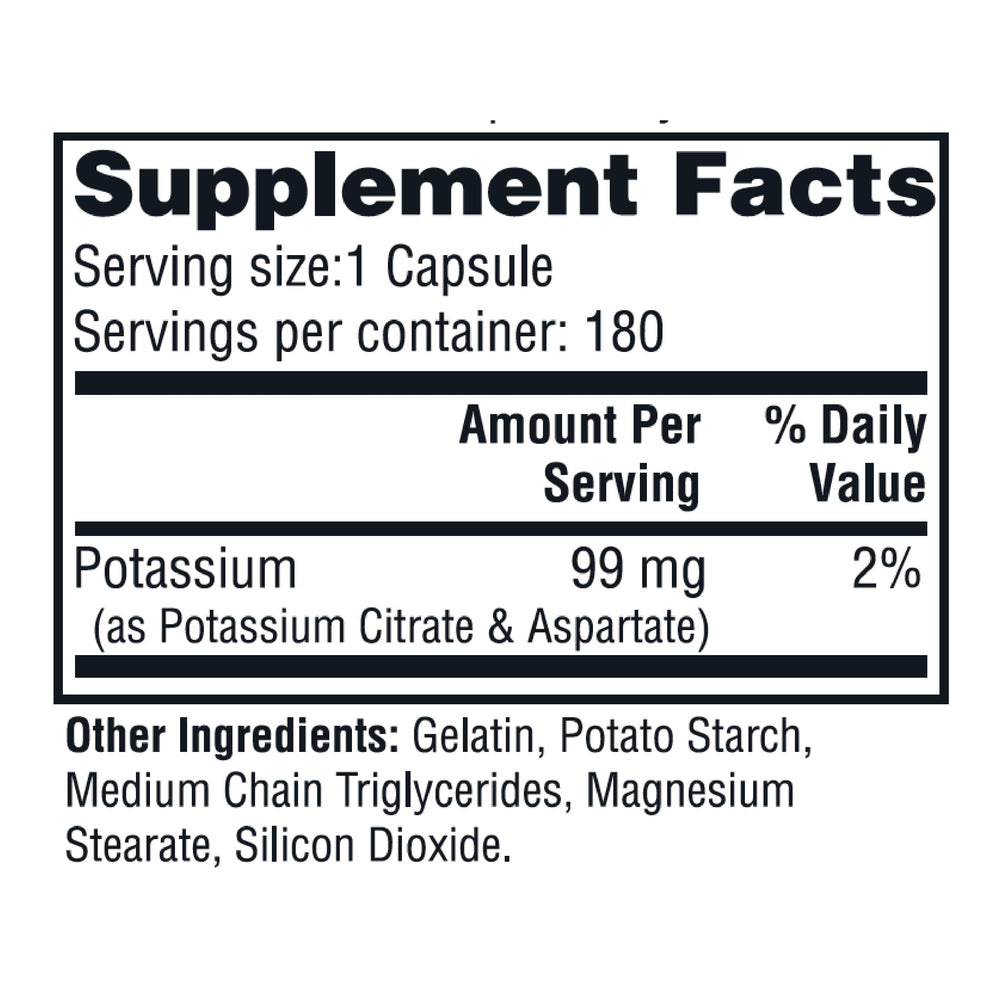 Close-up of ingredients on Twinlab Potassium Caps label