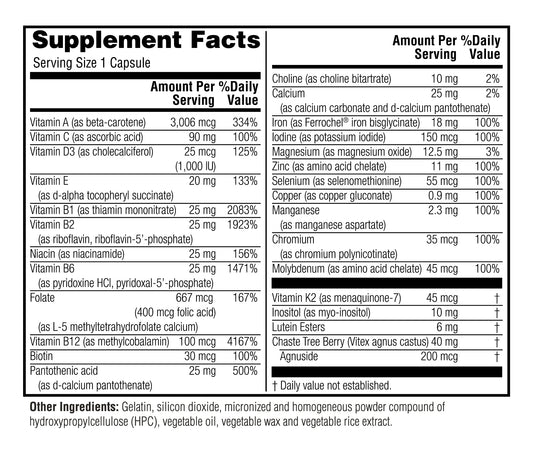 Twinlab TWL Women's Daily One bottle - back label with nutrition facts