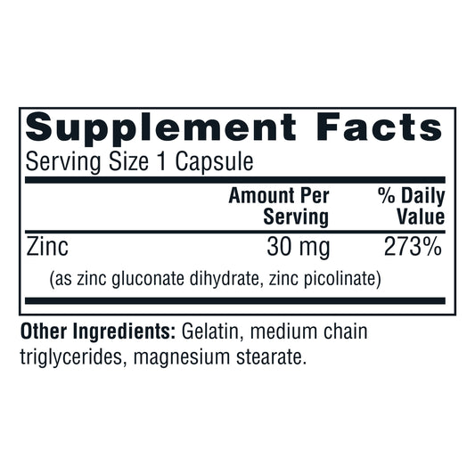 Close-up of Zinc Picolinate and Zinc Gluconate on bottle label