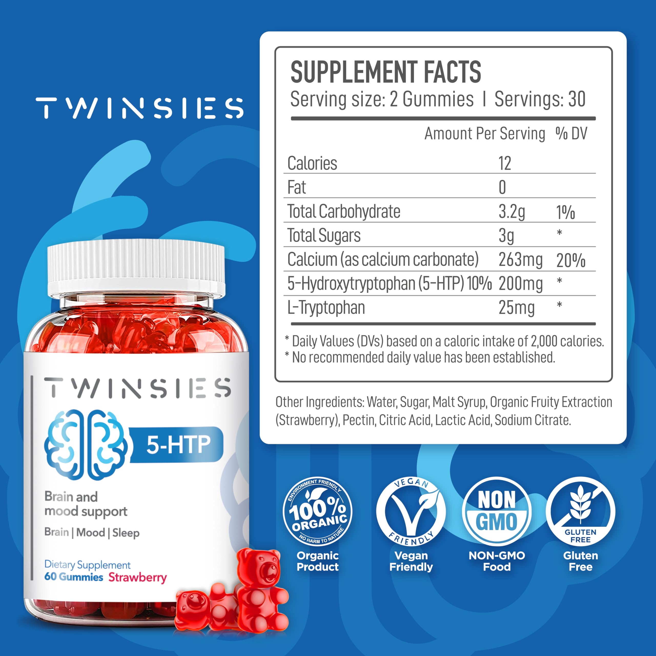 Bottle of Twinsies 5-HTP Calm Gummies with label