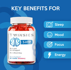 Packaging and bottle of Twinsies 5-HTP Sleep Mood Support Gummies
