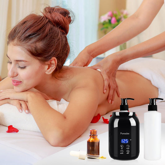 Two bottle dispenser included with massage oil warmer