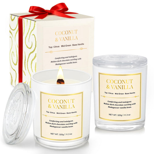 Two-pack Wood Wick Coconut & Vanilla Candle Gift Set with white gift boxes