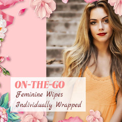 twoworld 200 feminine wipes wipe-detail image shows chamomile and vitamin E benefits.