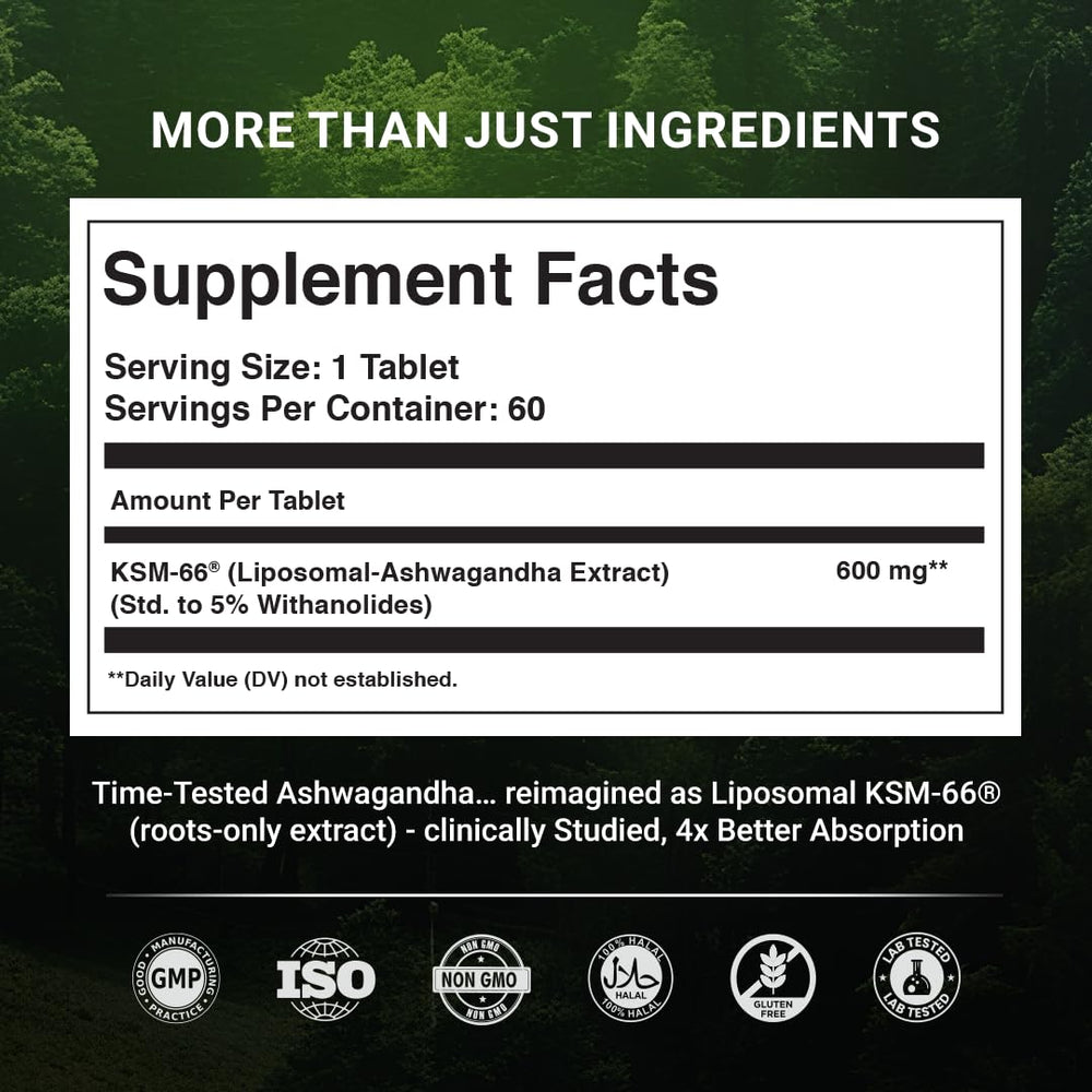 Close-up of KSM-66 Ashwagandha bottle label showing 600mg per serving