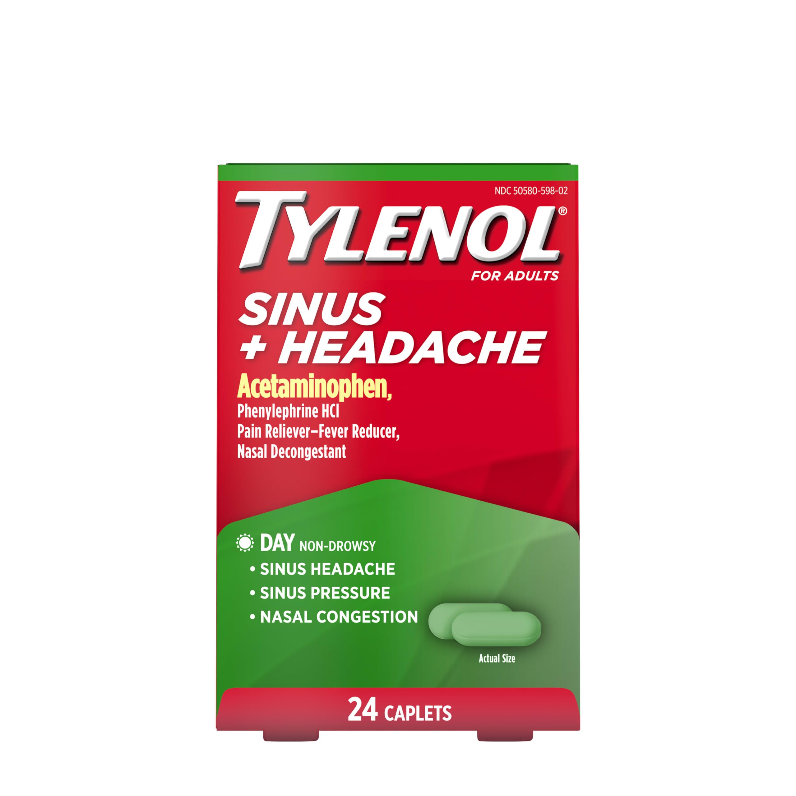 Tylenol Sinus + Headache caplets box side for quick relief access