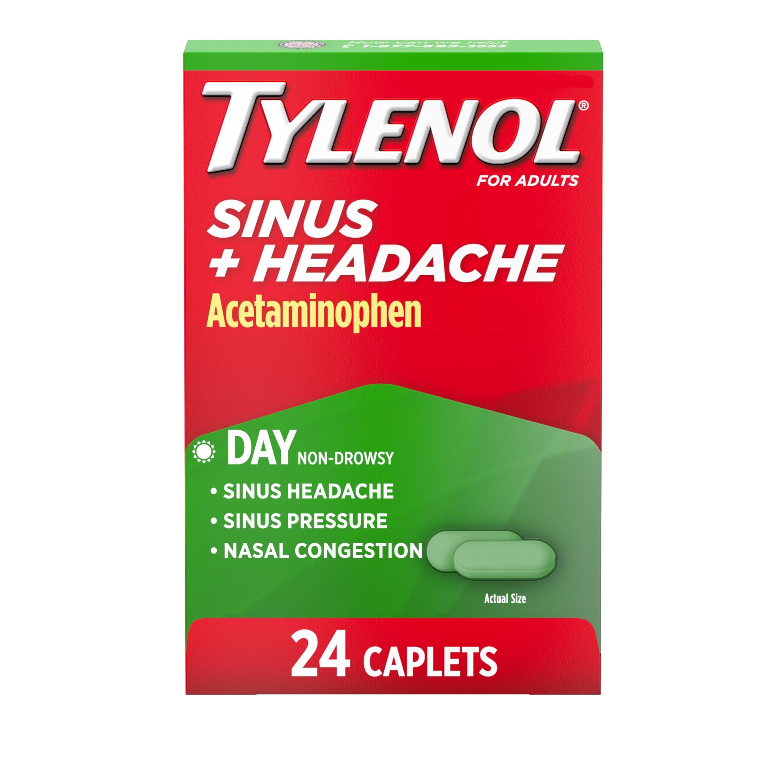Tylenol Sinus + Headache daytime caplets box front for non-drowsy relief