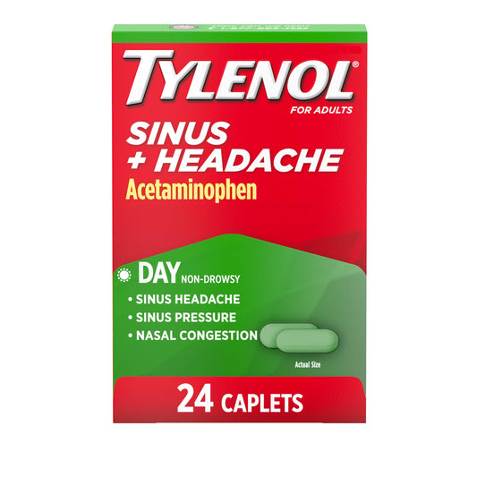 Tylenol Sinus + Headache daytime caplets box front for non-drowsy relief