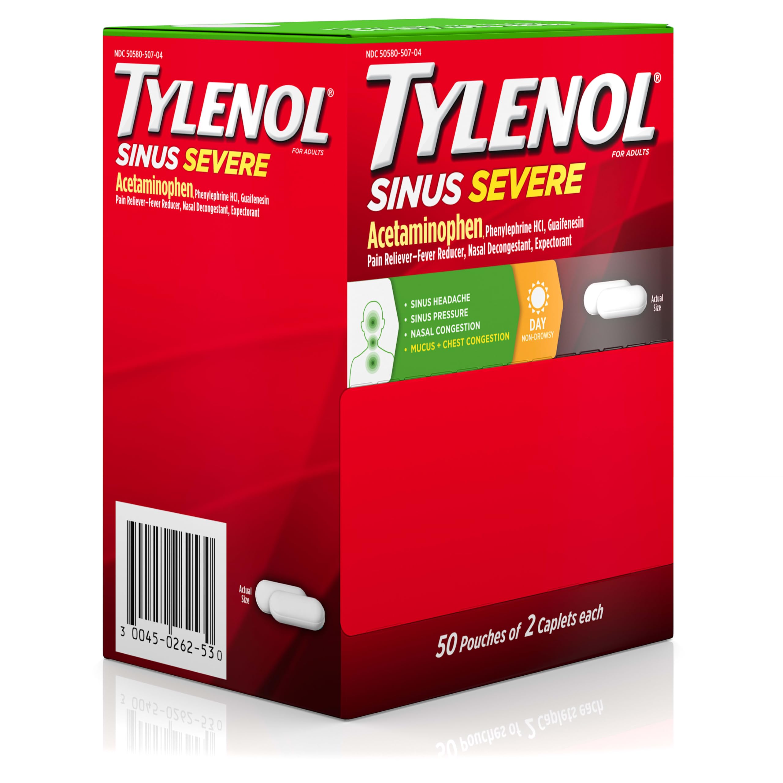 Tylenol Sinus Severe Daytime Caplets ingredients chart depicting acetaminophen, phenylephrine and guaifenesin.