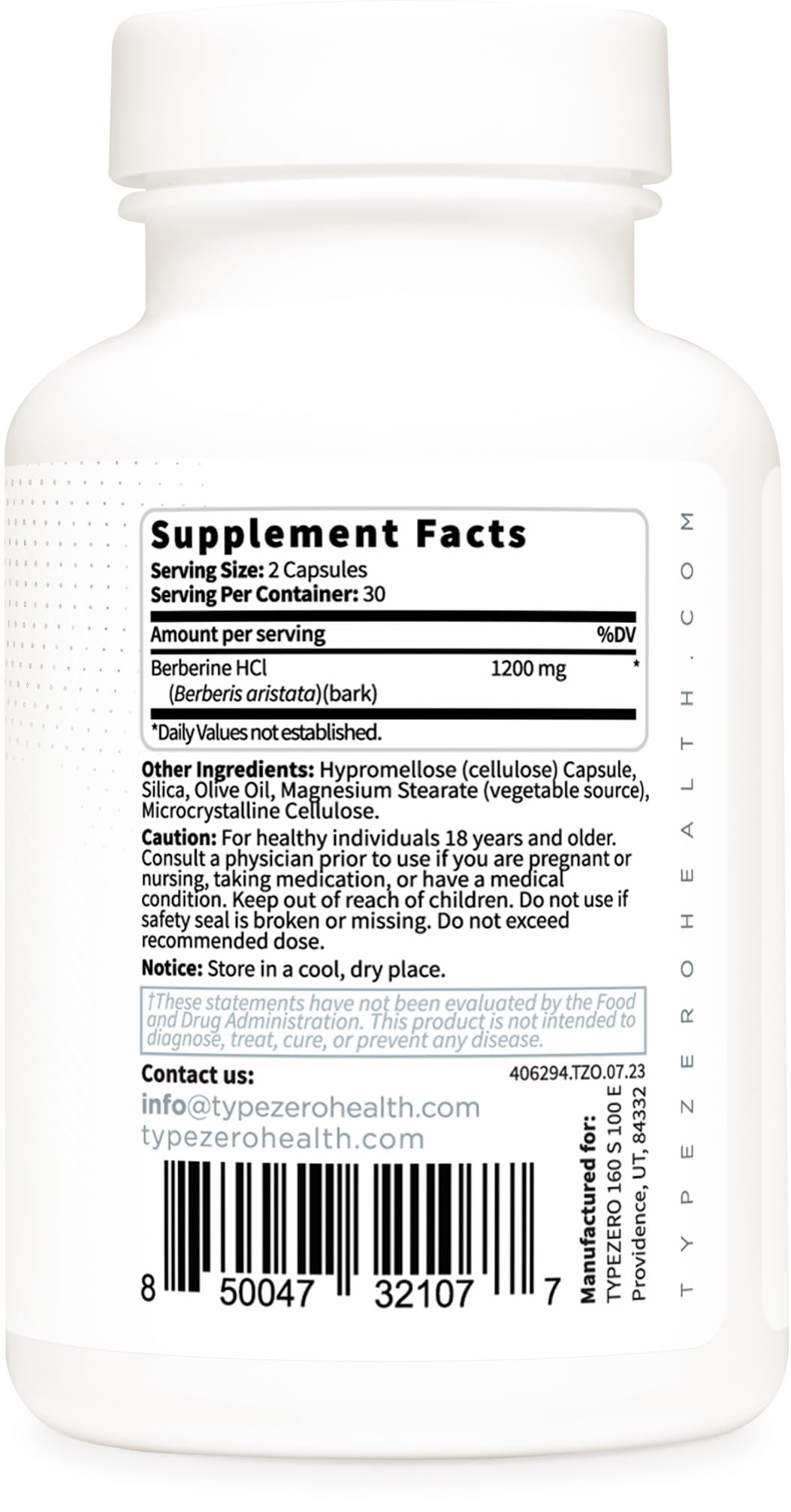 Packaging label showing GMP and Made in USA on Type Zero Berberine HCL