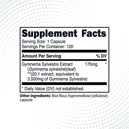 Close-up of Gymnema Sylvestre capsules showing 3,500 mg per serving