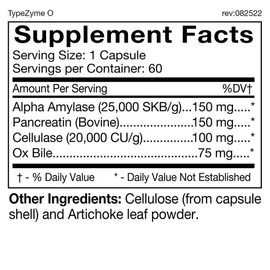 Label of TypeZyme Blood Type O digestive enzyme bottle