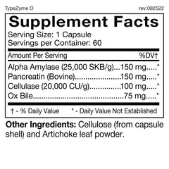 Label of TypeZyme Blood Type O digestive enzyme bottle