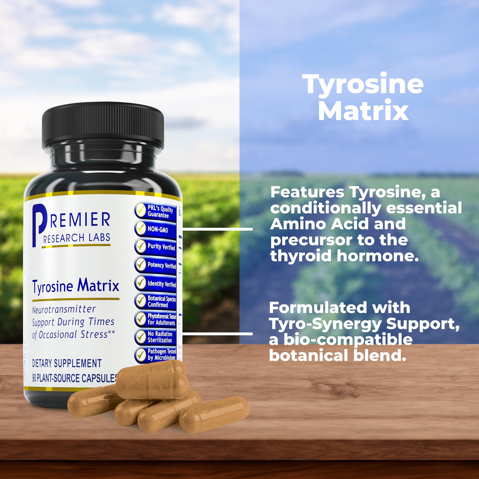 Side view of a 944mg L-tyrosine capsule