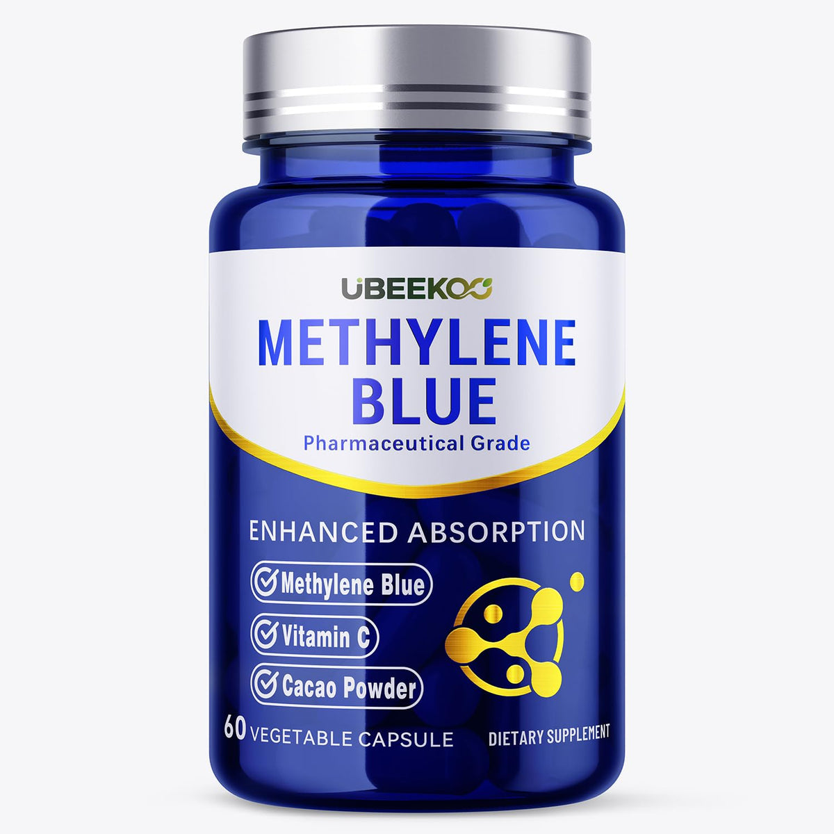 UBEEKOO 30mg Methylene Blue capsules bottle front view