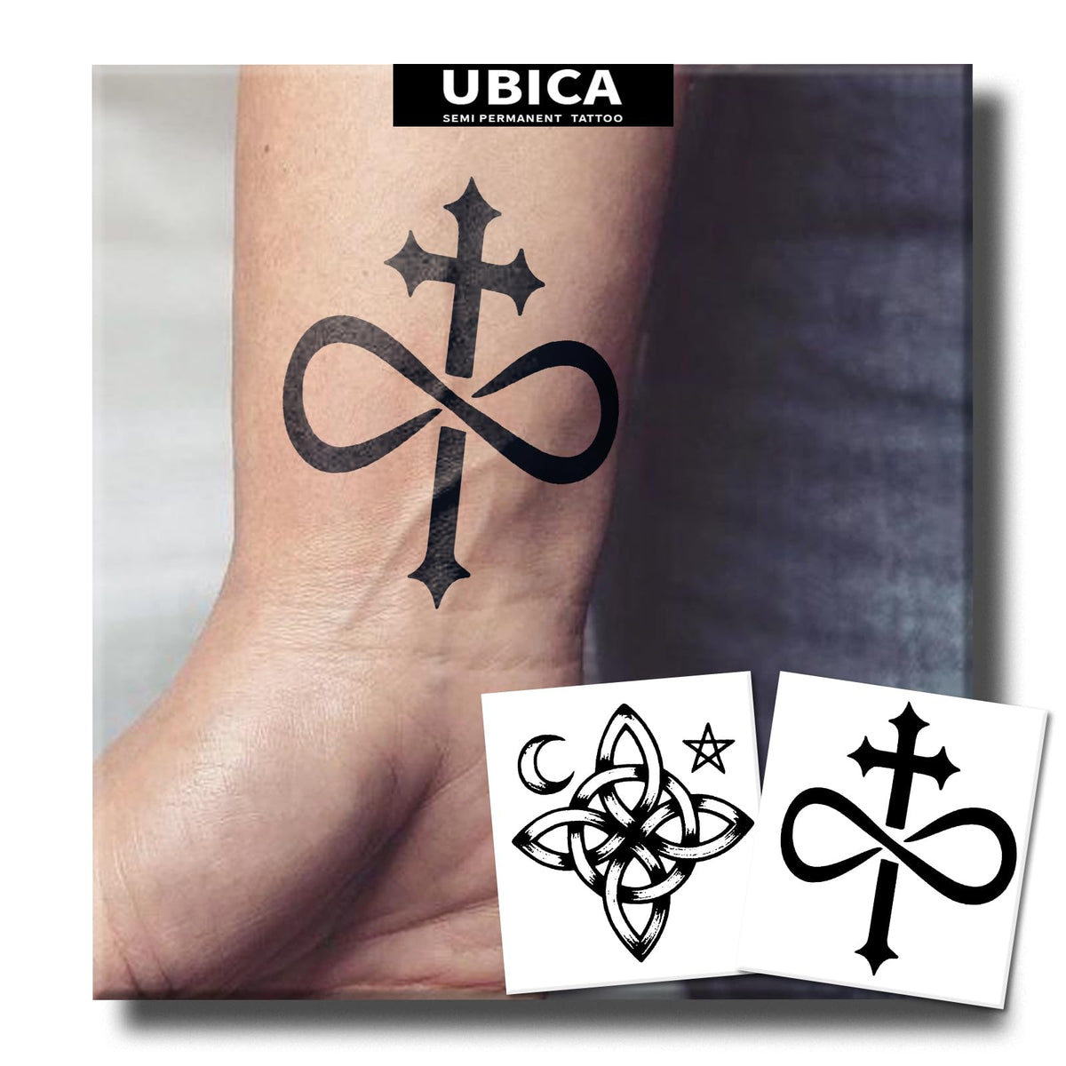UBICA Cross Infinity and Witches Knot tattoo set showcased in bold, wearable art designs for expressive style.