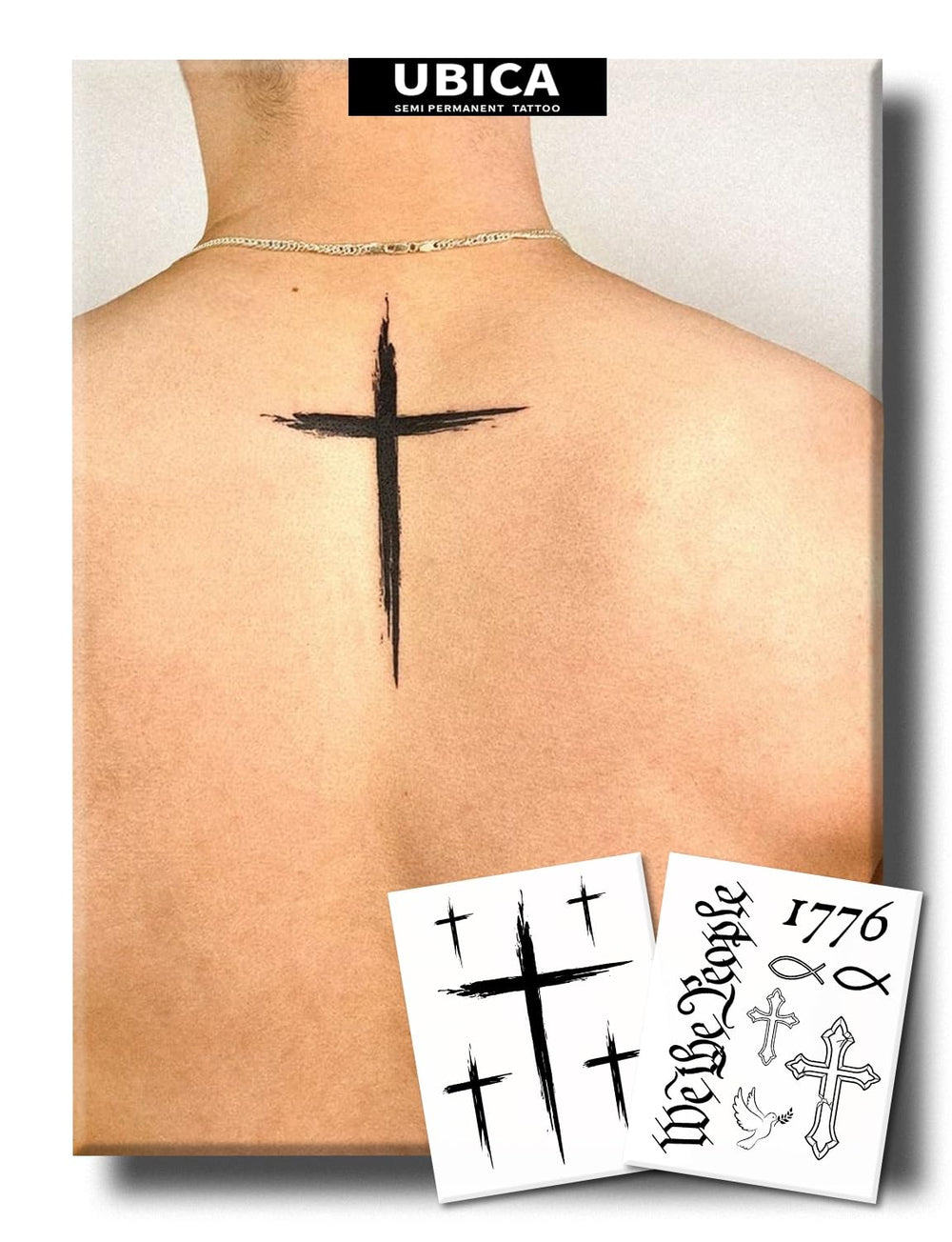 UBICA cross tattoo design worn as a subtle daily symbol.