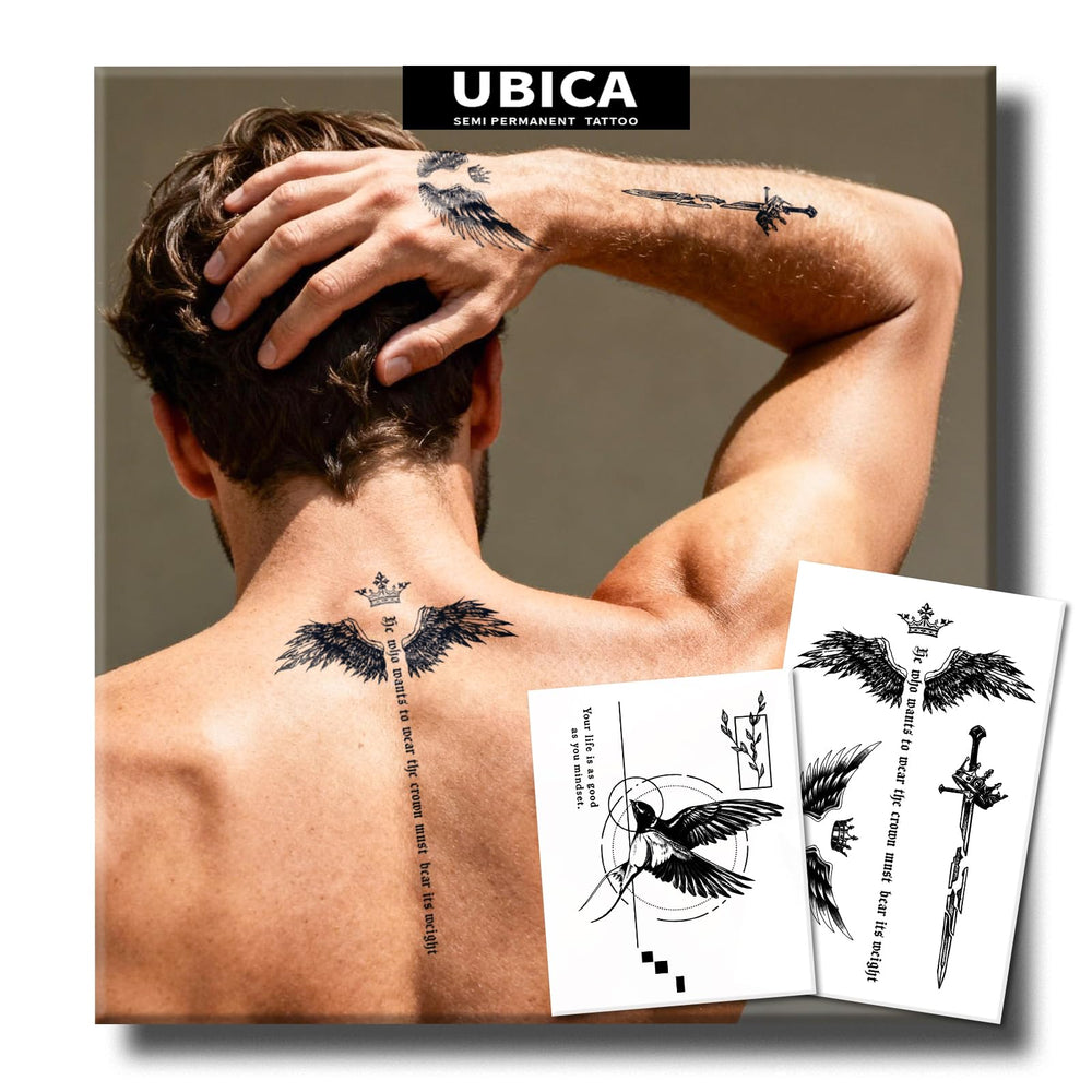 UBICA crown-weight quotes wings tattoo on skin; bold statement lasting up to two weeks.