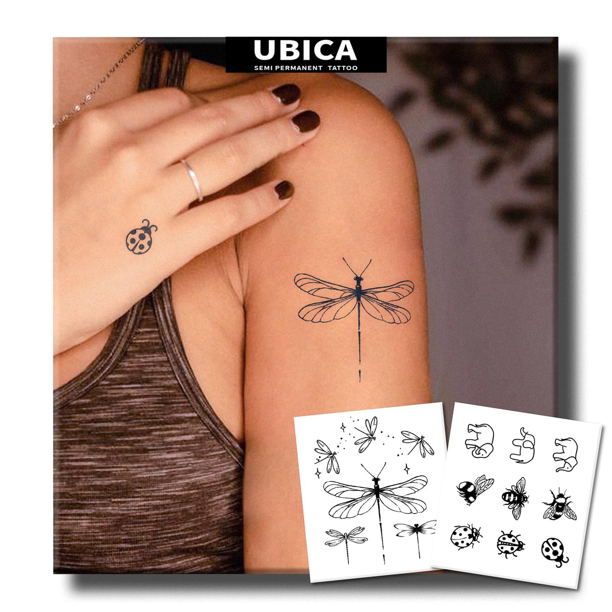 UBICA dragonfly tattoo on wrist design, subtle and durable temporary body art.