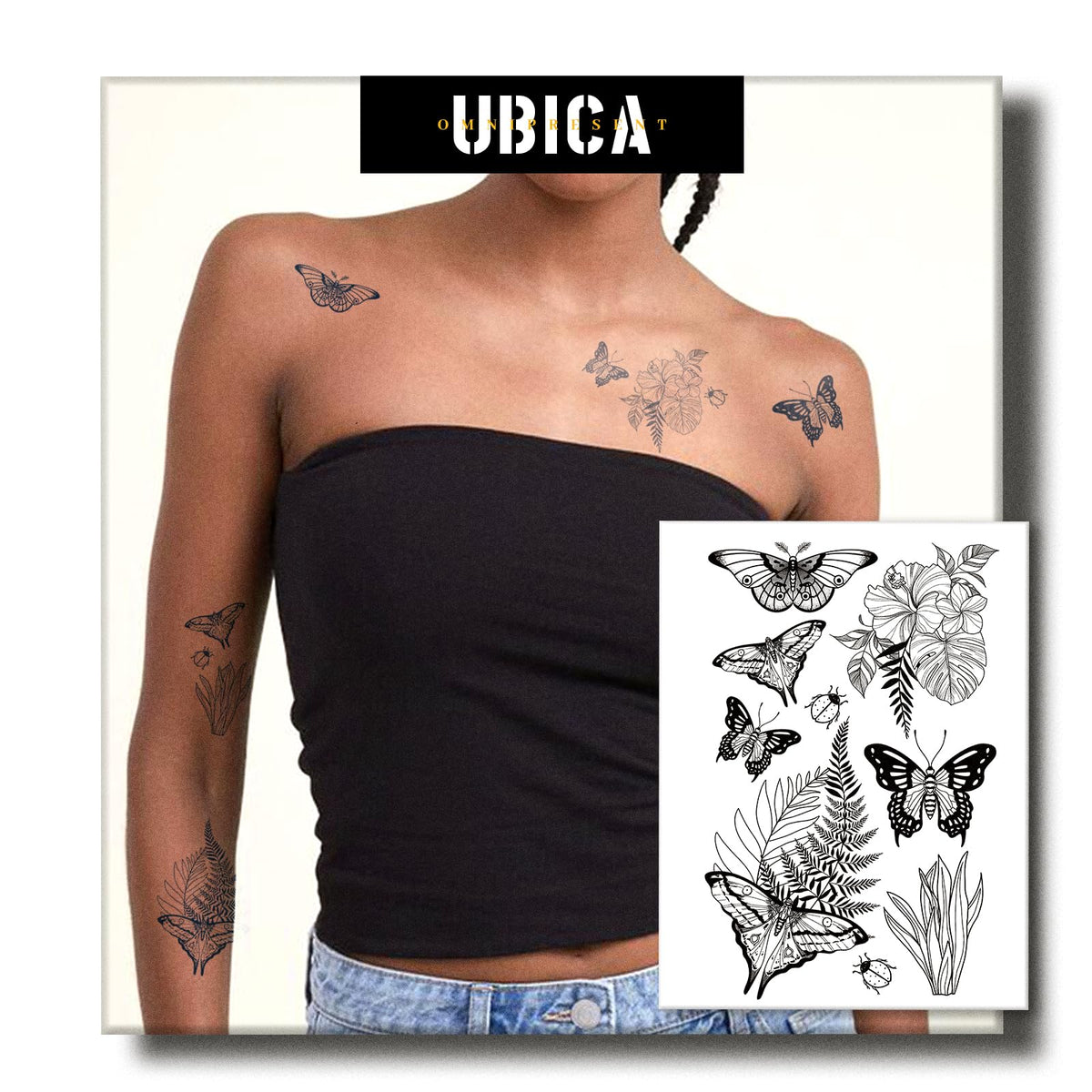 UBICA moth and grass tattoo collection with realistic botanical designs