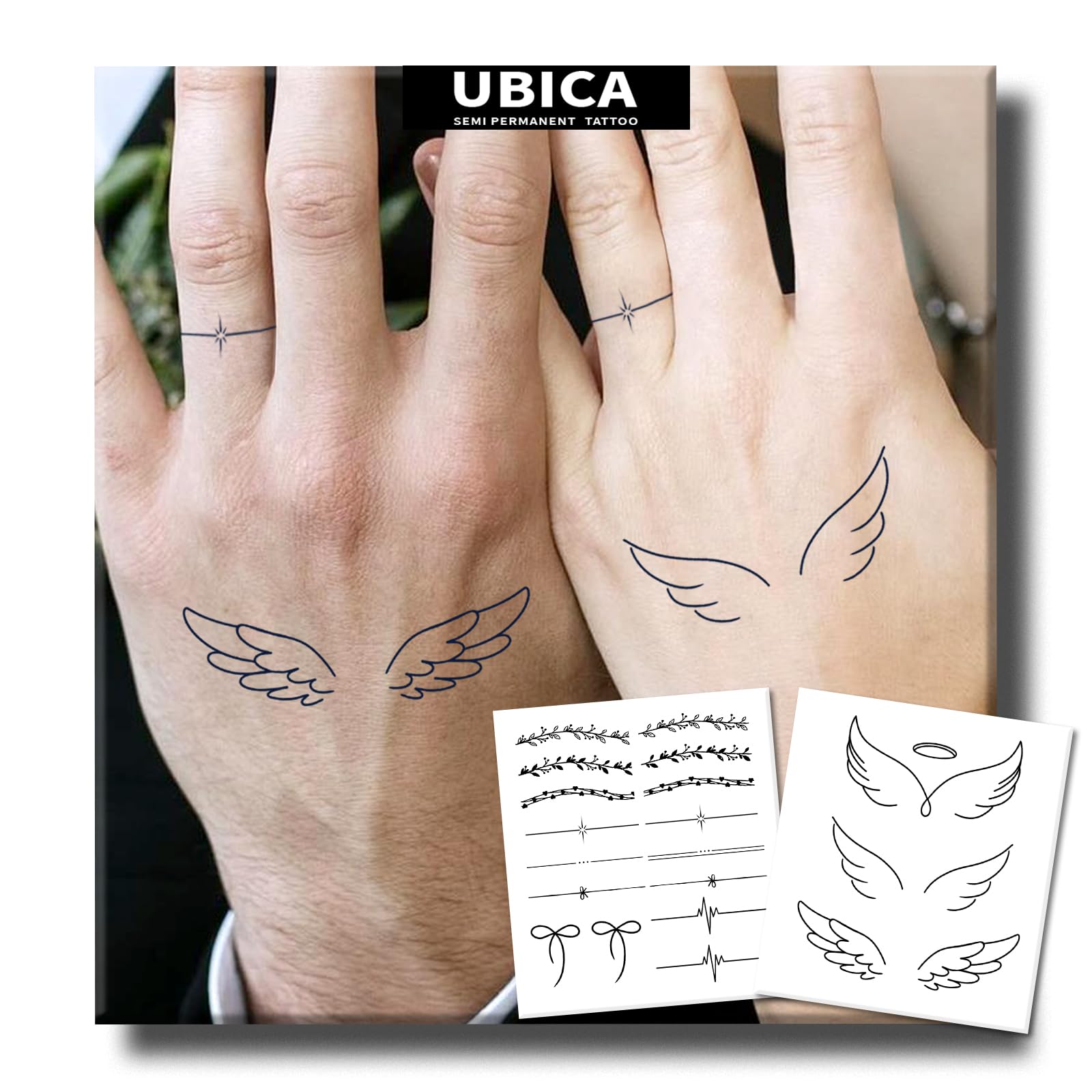 UBICA angel wings hand tattoo design for a subtle, long-lasting look