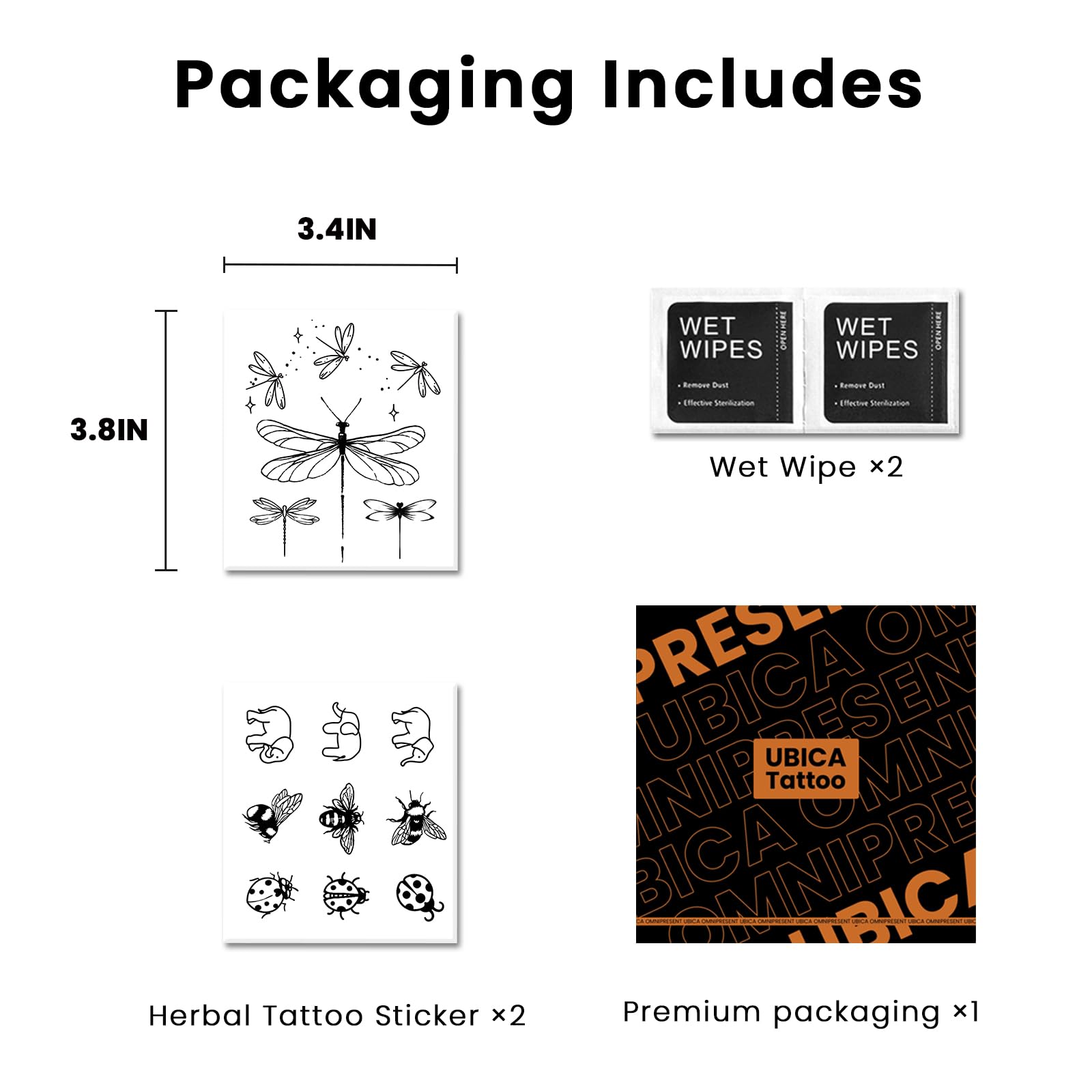 UBICA packaging for dragonfly tattoo set, gift-ready design.