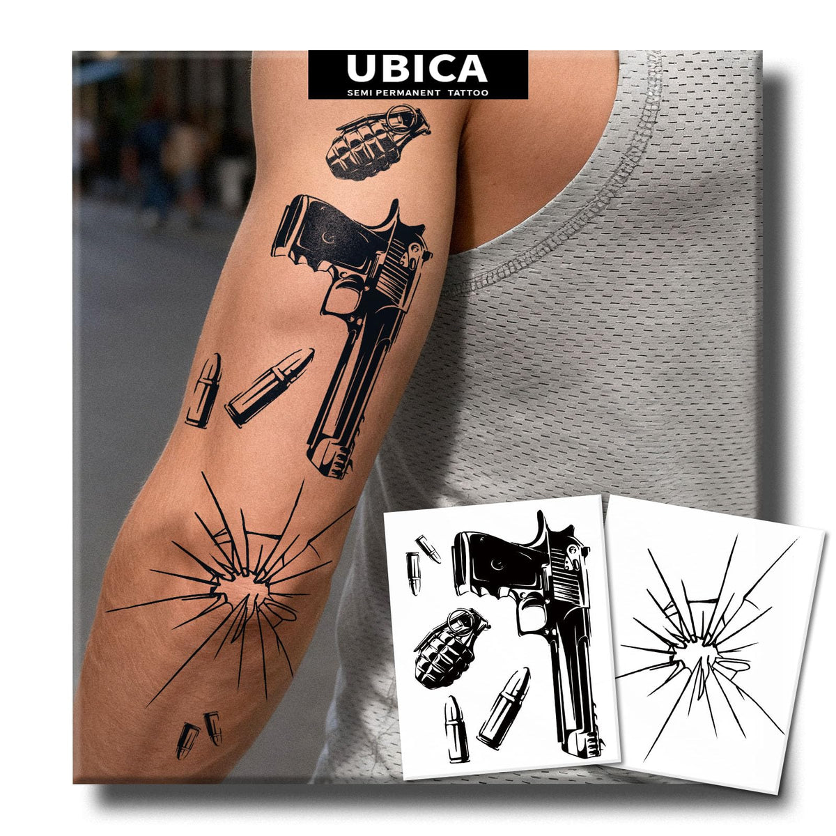 UBICA Tattoo Tech design sheets showing versatile tattoo options for arm and neck.